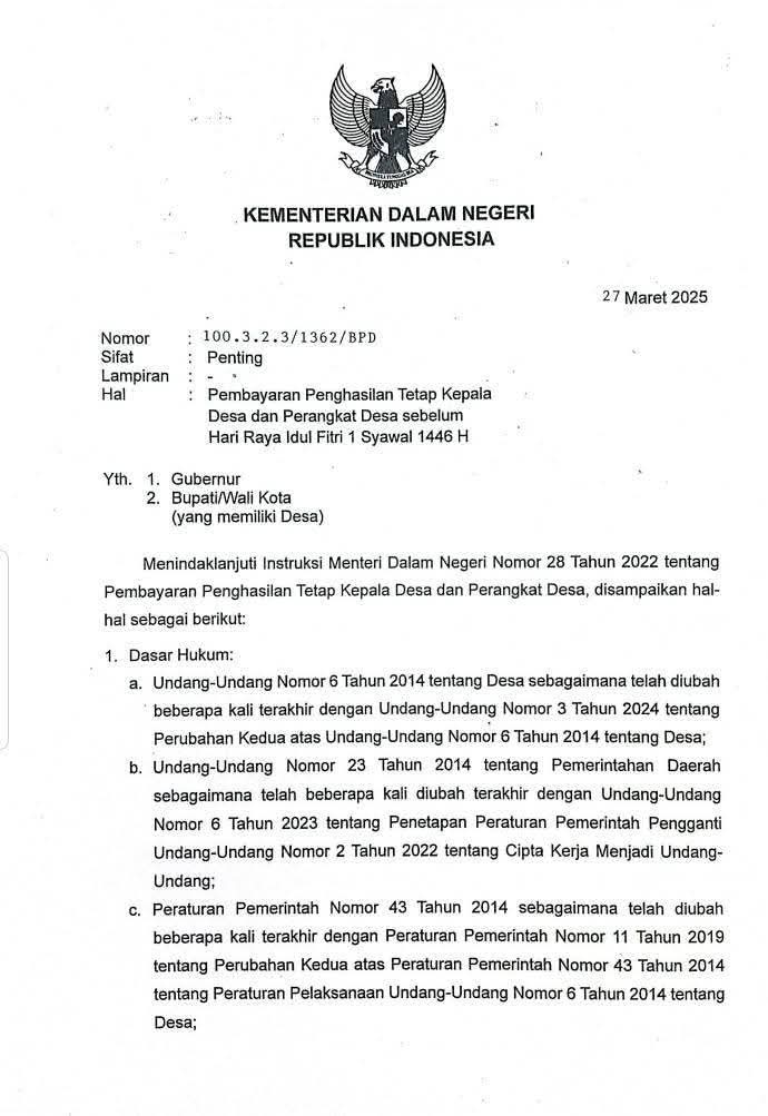 Kemendagri Instruksikan Pembayaran Gaji Kepala Desa dan Perangkat Sebelum Idul Fitri Kemendagri Instruksikan Pembayaran Gaji Kepala Desa dan Perangkat Sebelum Idul Fitrii