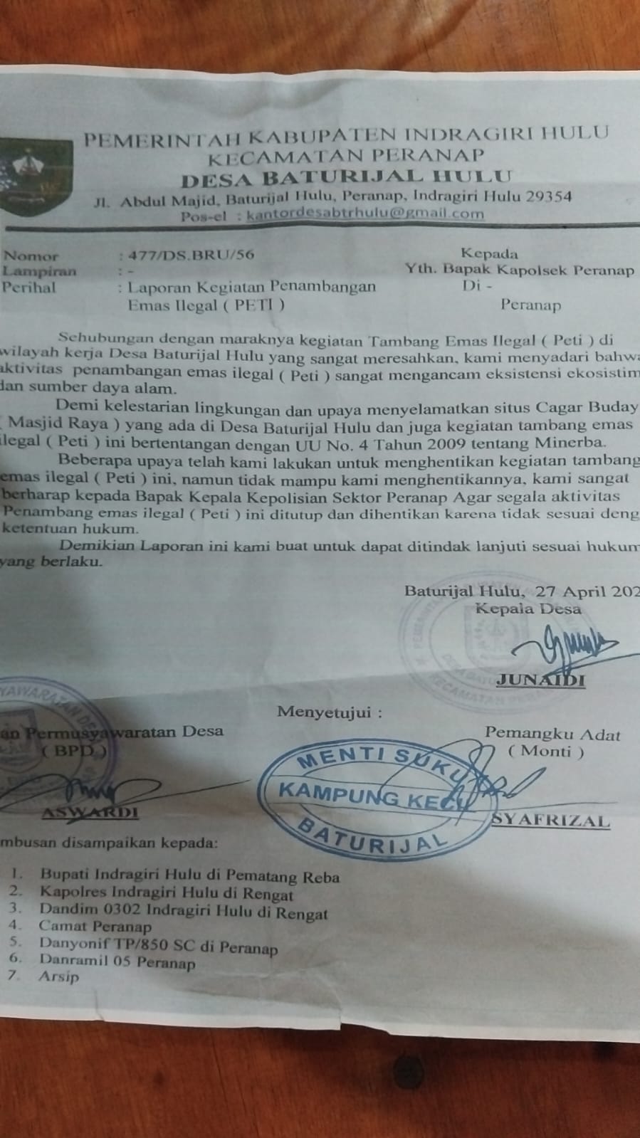 Aktivis Lingkungan Desak Polisi Tangkap Pelaku PETI di Peranap, Surat Resmi Desa Dinilai Bukti Keresahan Wargai