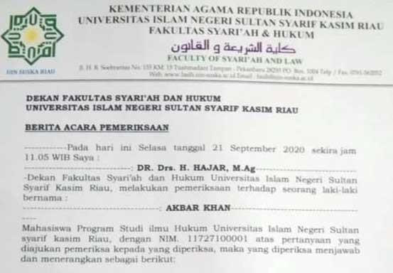 Mahasiswa UIN Suska Di-BAP Dekan, Saya Menunggu Surat Pemberhentian Saya sebagai Mahasiswa Mahasiswa UIN Suska Di-BAP Dekan, Saya Menunggu Surat Pemberhentian Saya sebagai Mahasiswai