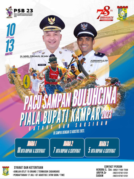 Event Pacu Sampan Buluh Cina Perebutkan Piala Bupati Kampar, Ayo Daftar dan Ramaikan Hadiah Puluhan Juta Menanti ! Event Pacu Sampan Buluh Cina Perebutkan Piala Bupati Kampar, Ayo Daftar dan Ramaikan Hadiah Puluhan Juta Menanti !i