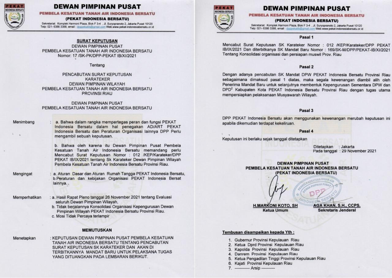 Cabut SK Karateker Suharmi Hasan CS dan Terbitkan SK Mandat Baru, ini Alasan DPP Pekat IB