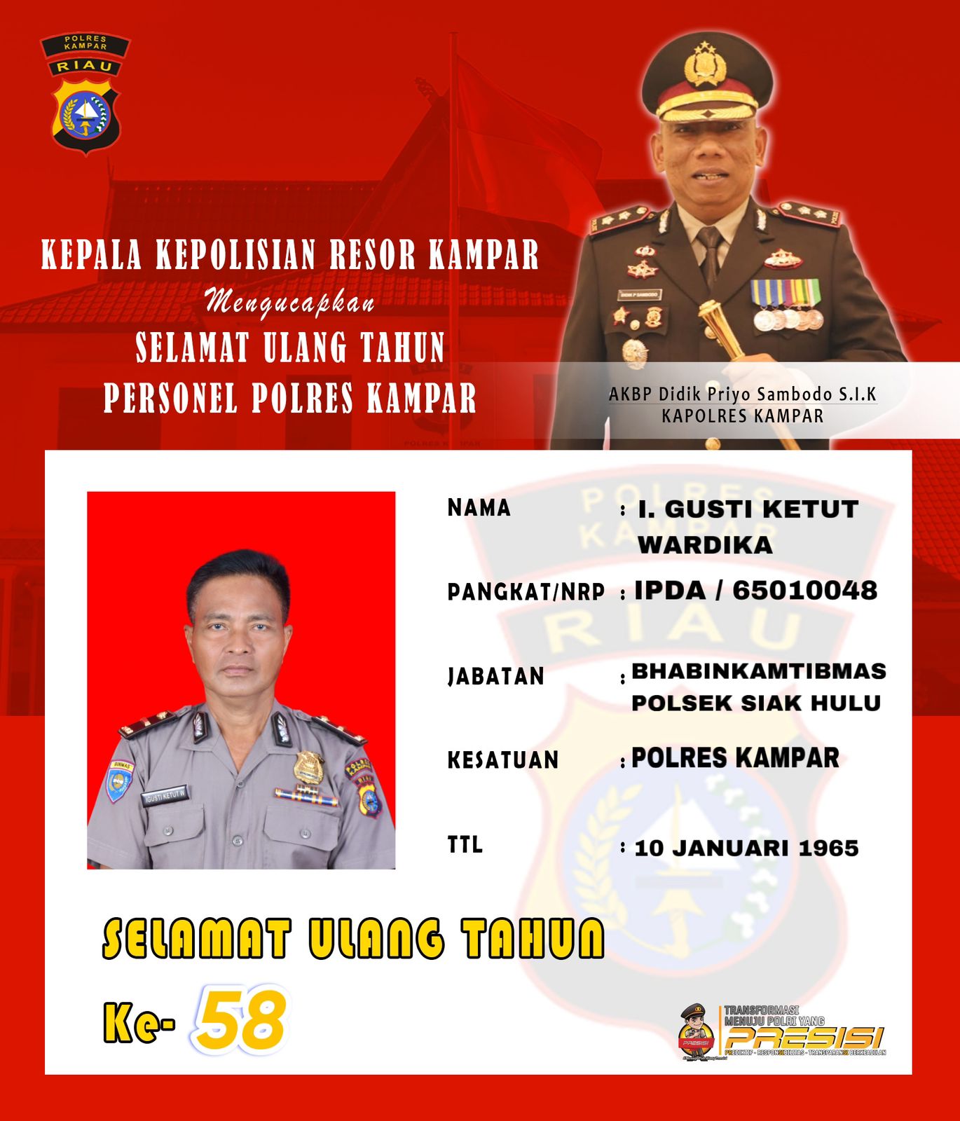 Kapolres Kampar Ucapkan Selamat Ultah Ke-58 Kepada Ipda IG.Ketut Wardika