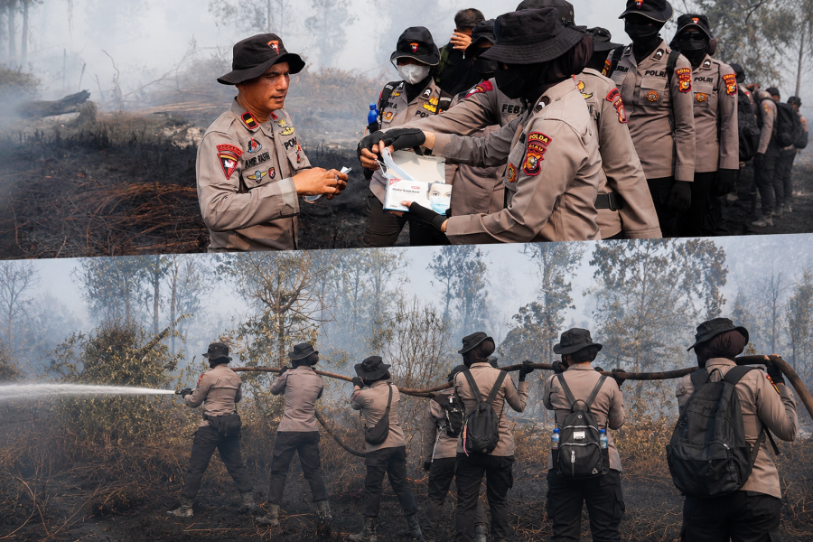 Tak Gentar Hadapi Asap, Polwan Brimob Polda Riau Turun ke Garis Depan Padamkan Karhutla di Kampari