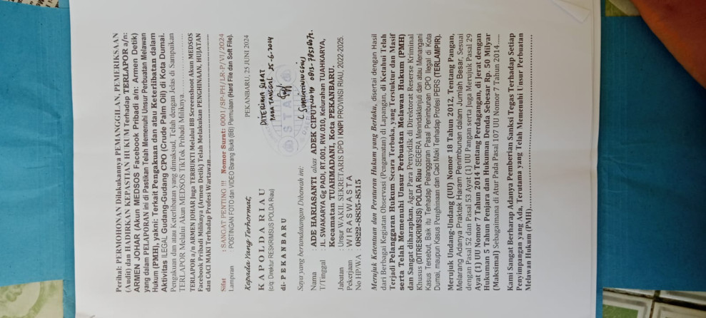 Penasehat PWI Dumai Armen Johar Dilaporkan ke Polda Riau, Soal Peryataanya di Akun Facebook Terlibat Aktivitas CPO Ilegal Penasehat PWI Dumai Armen Johar Dilaporkan ke Polda Riau, Soal Peryataanya di Akun Facebook Terlibat Aktivitas CPO Ilegali