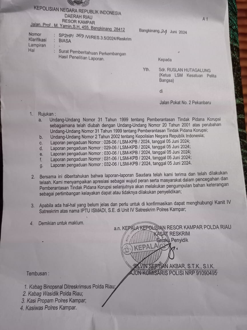Laporan LSM KPB dugaan korupsi proyek PSU PUPR Propinsi Riau , Mengendap di polres .i