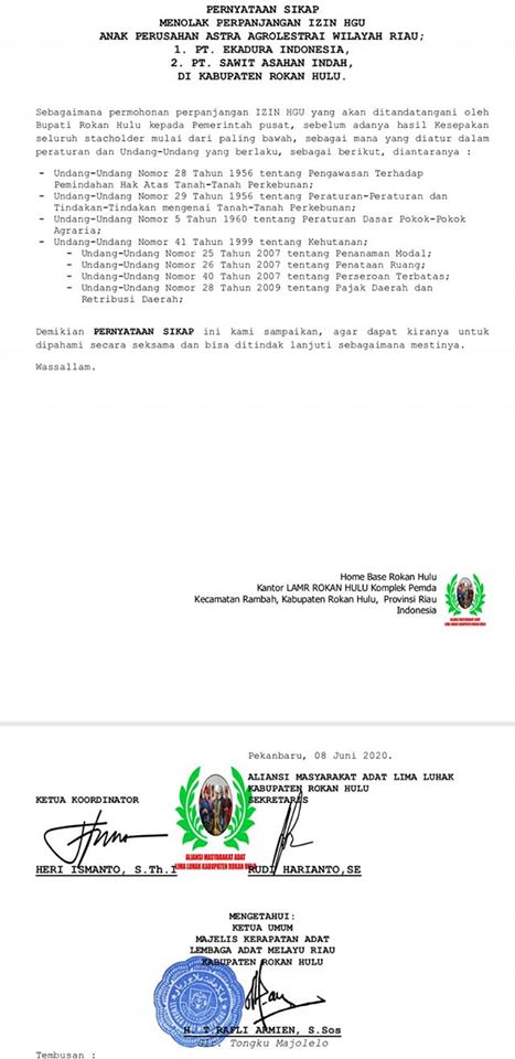 AMA Rohul Tolak Perpanjangan Izin HGU PT SJI dan Astra Group, ini Alasannya AMA Rohul Tolak Perpanjangan Izin HGU PT SJI dan Astra Group, ini Alasannyai