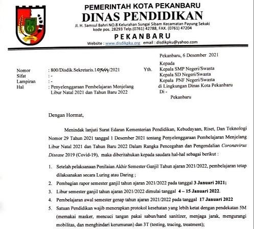 Disdik Kota Pekanbaru Terbitkan Surat Edaran, Libur Semester Ganjil Ditunda Disdik Kota Pekanbaru Terbitkan Surat Edaran, Libur Semester Ganjil Ditundai