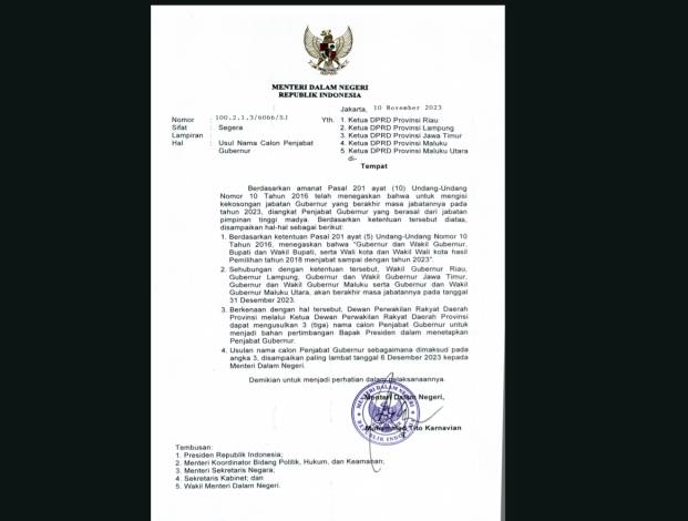 Surat Permintaan Nama Pj Gubri Sudah di DPRD, Batas Pengusulan 6 Desember Surat Permintaan Nama Pj Gubri Sudah di DPRD, Batas Pengusulan 6 Desemberi