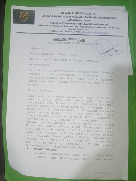  Laporan Dugaan Korupsi Dana Desa Sungai Buluh Tak Kunjung Progres, LSM KPKN Pertanyakan SOP Kejati Riau  