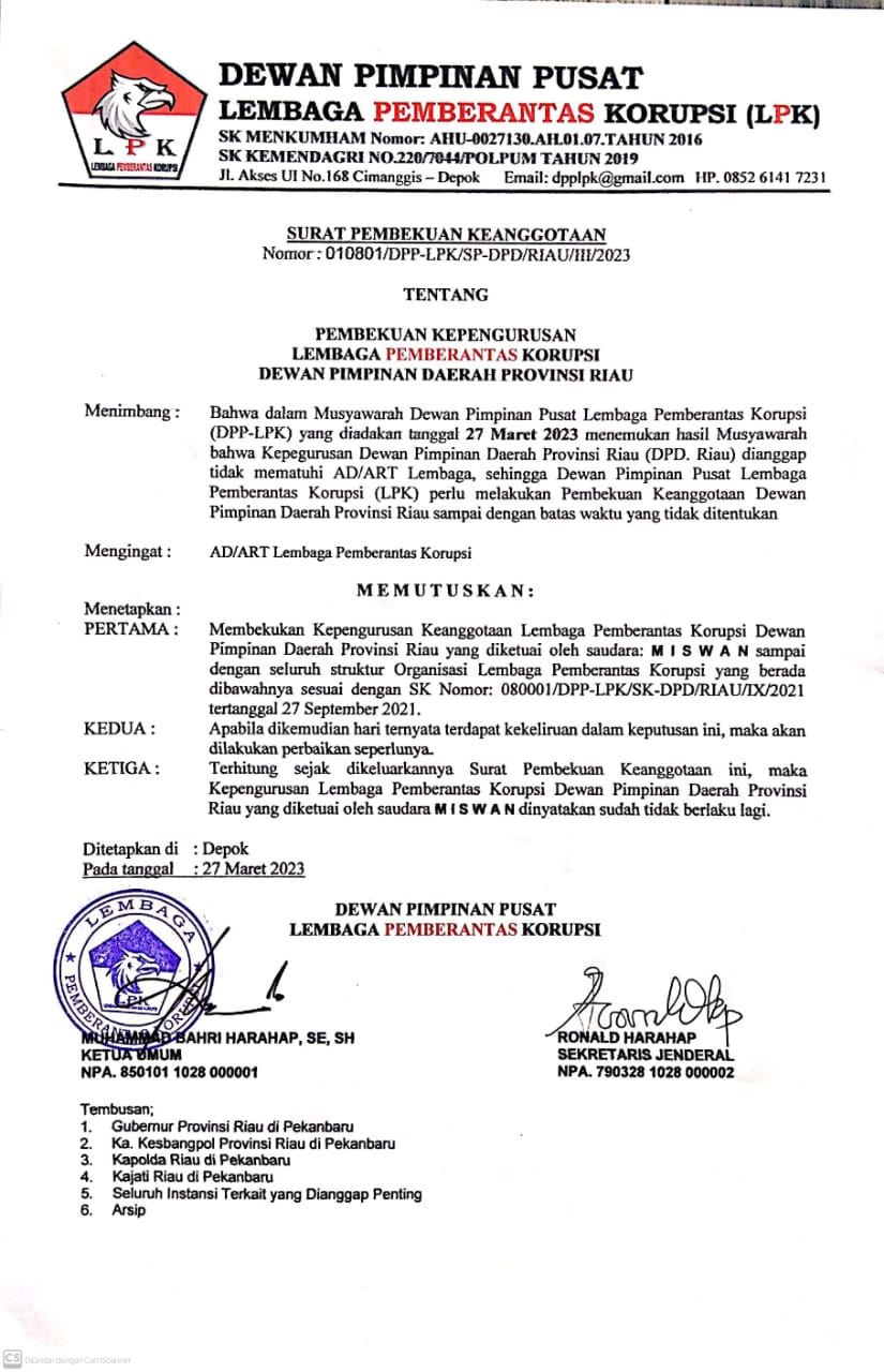 Melalui Surat DPP, Kepengurusan LPK Riau yang Dipimpin MISWAN CS Resmi Dibekukan Melalui Surat DPP, Kepengurusan LPK Riau yang Dipimpin MISWAN CS Resmi Dibekukani