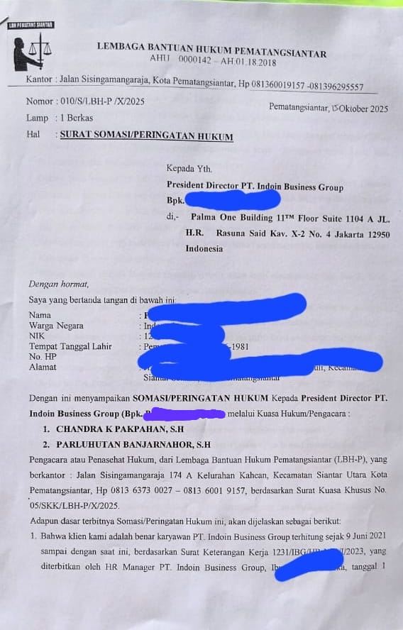 Hak Tunjangan Operasional Karyawan Tak Dibayarkan, LBH Pematang Siantar Somasi PT Indoin Business Groupi