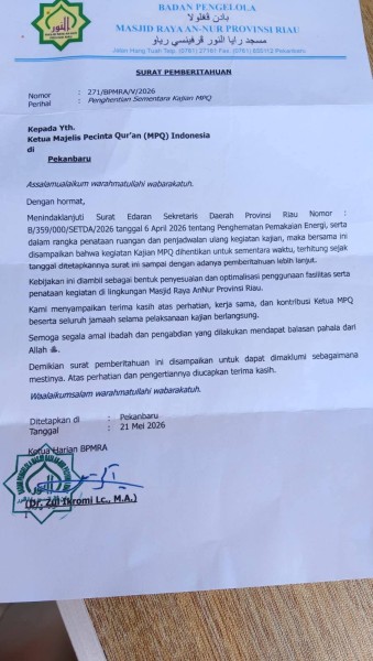 Kegiatan MPQ di Masjid Raya  An-Nur Dihentikan, Jamaah Harapkan Ada Solusi