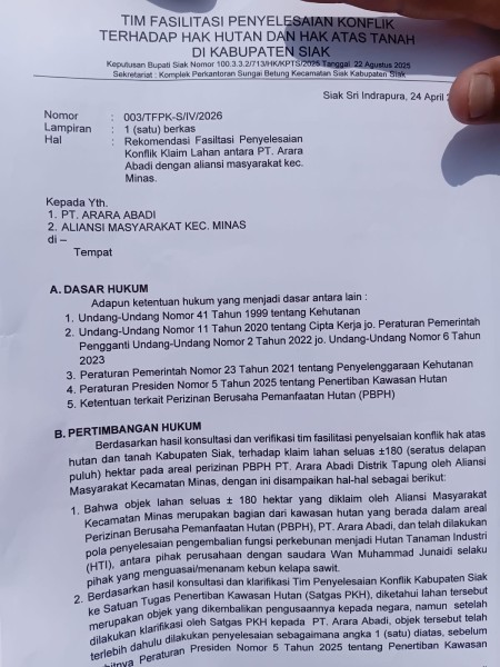 EFEKTIVITAS TIM TERPADU DIPERTANYAKAN: KONFLIK PT ARARA ABADI DAN WARGA MINAS TERUS BERLARUTi