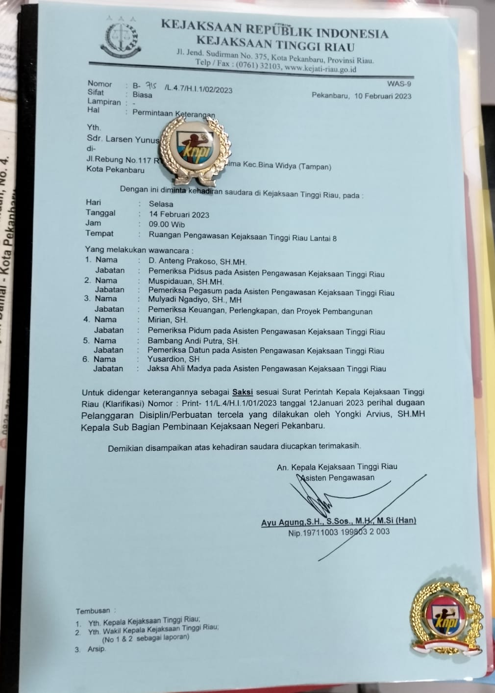 Ketua KNPI Riau Dipanggil dan Diperiksa Aswas Kejaksaan Tinggi, Kasus Apa ? Ketua KNPI Riau Dipanggil dan Diperiksa Aswas Kejaksaan Tinggi, Kasus Apa ?i