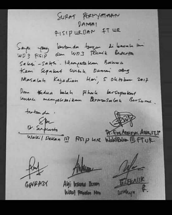 Pasca Tawuran, Dua Kubu Mahasiswa UNRI Akhirnya Tandatangani Surat Damai Pasca Tawuran, Dua Kubu Mahasiswa UNRI Akhirnya Tandatangani Surat Damaii