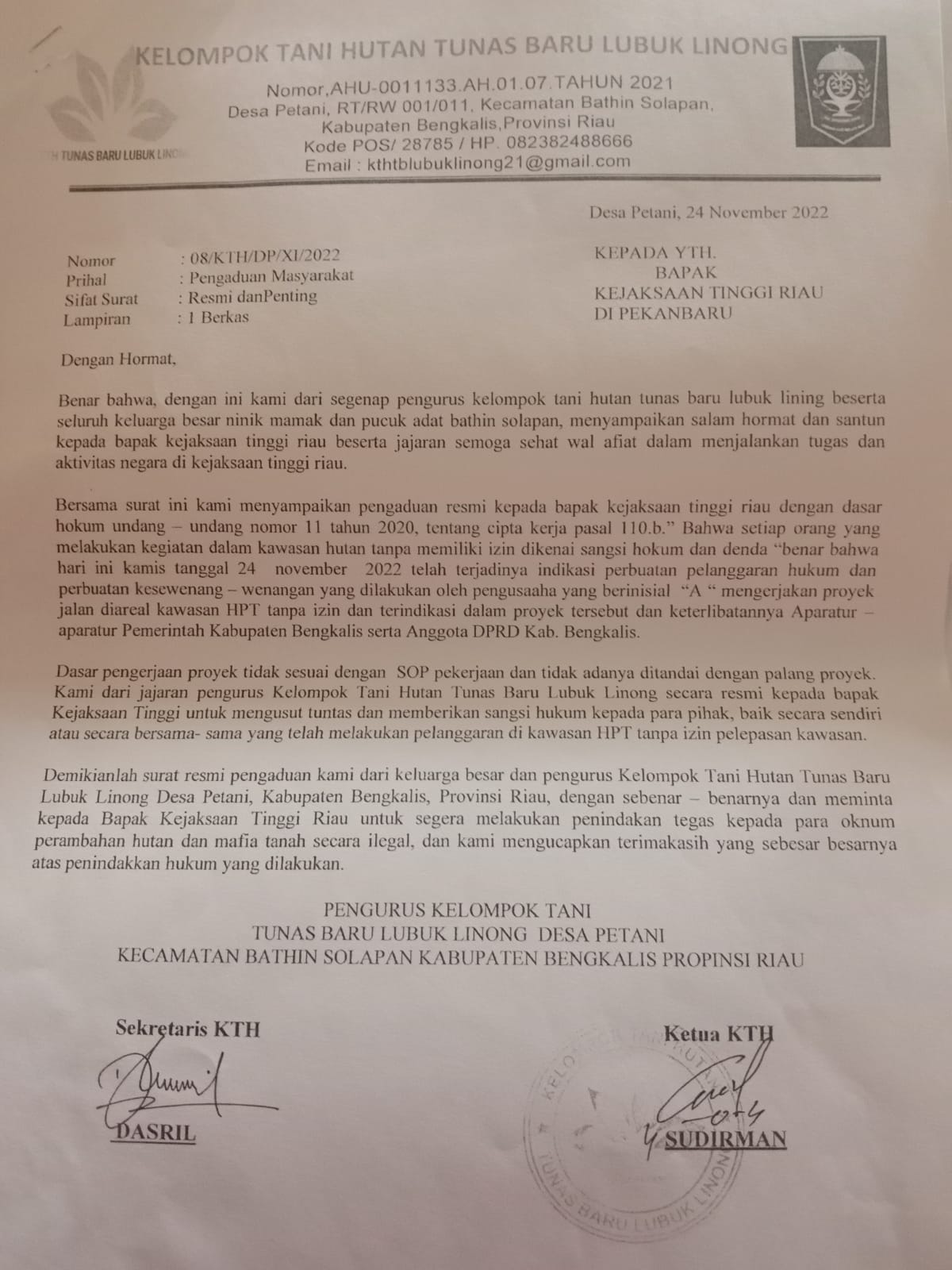 KTH Tunas Baru Lubuk Linong dan Masyarakat Adat Laporkan Dugaan Mafia Tanah di Desa Petani KTH Tunas Baru Lubuk Linong dan Masyarakat Adat Laporkan Dugaan Mafia Tanah di Desa Petanii