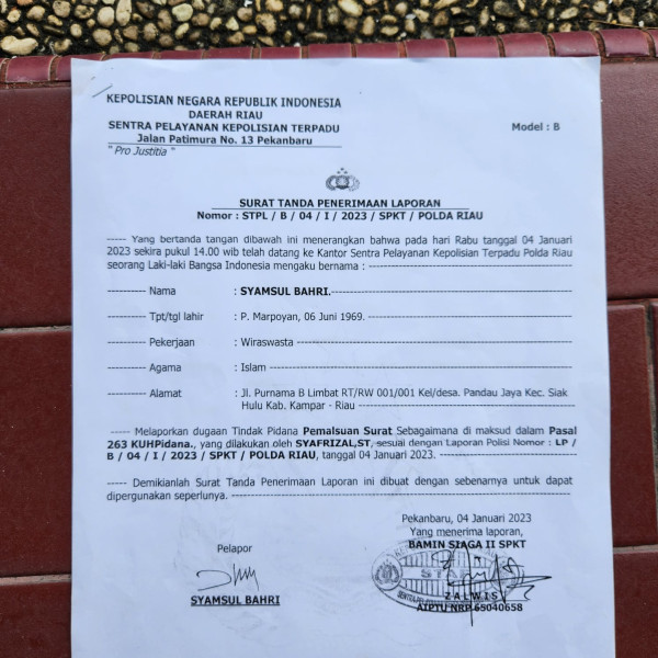 MANTAN ANGGOTA DPRD KAMPAR DILAPORKAN DI POLDA RIAU : DUGAAN TINDAK PIDANA PEMALSUAN SURAT*