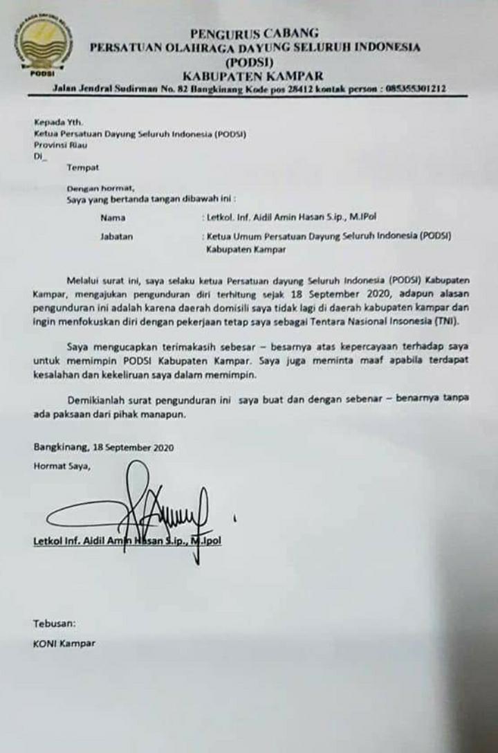 Letkol Inf Aidil Amin mudur dari jabatan Ketua Cabor PODSI Kampar Letkol Inf Aidil Amin mudur dari jabatan Ketua Cabor PODSI Kampari