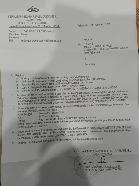 Polresta Pekanbaru Panggil Pihak PT ASSA Auto Service Terkait Dugaan Penipuan Polresta Pekanbaru Panggil Pihak PT ASSA Auto Service Terkait Dugaan Penipuani
