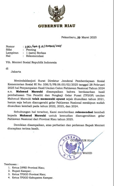Gubernur Riau Kembali Rekomendasikan Mahmud Marzuki sebagai Pahlawan Nasional Gubernur Riau Kembali Rekomendasikan Mahmud Marzuki sebagai Pahlawan Nasionali