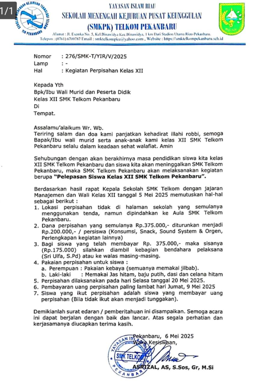 Diduga Lakukan Pungli dalam Kegiatan Perpisahan, SMK Telkom Pekanbaru Terancam Sanksi Hukumi