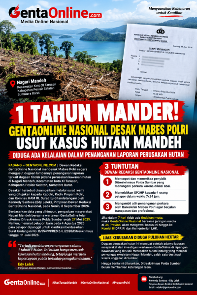 1 Tahun Mandeh, Dewan Redaksi GentaOnline Nasional Desak Mabes Polri Usut Dugaan Perusakan Hutan Mandeh