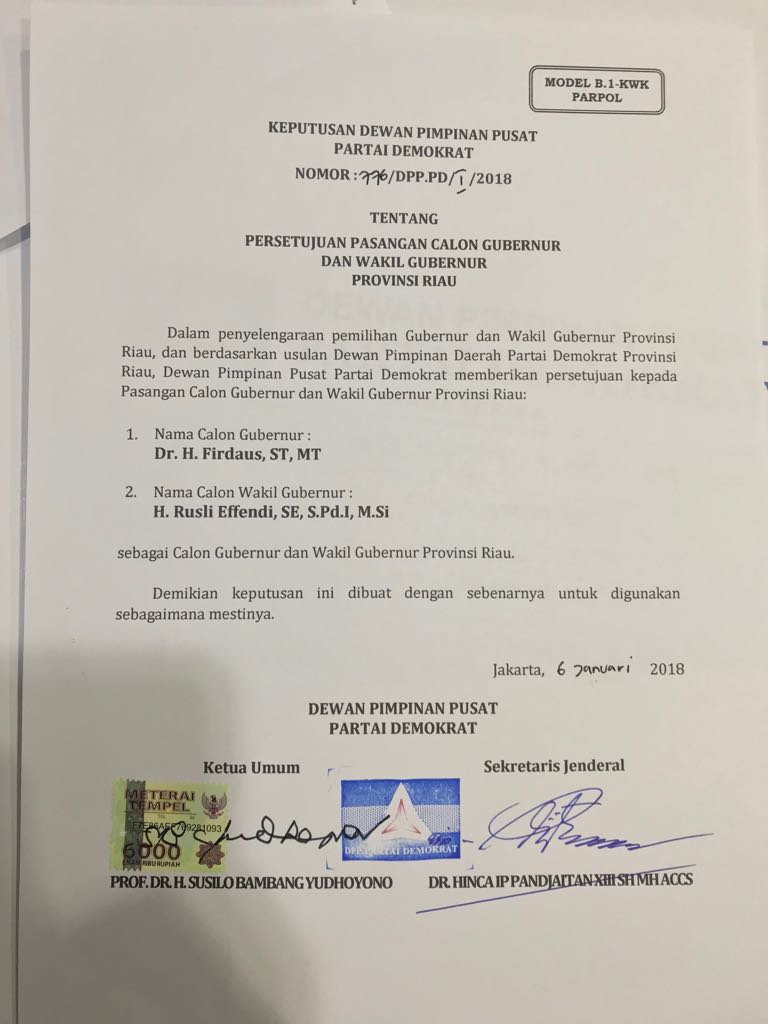 DPP PD Jatuhkan Pilihan Untuk Firdaus-Rusli, Jefry: Kalau Tidak Berhalangan, SK Besok Diserahkani