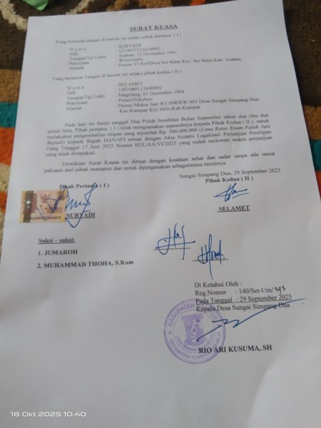 Beredar Surat Kuasa Pengembalian Dana Rp560 Juta di Sungai Simpang Dua Beredar Surat Kuasa Pengembalian Dana Rp560 Juta di Sungai Simpang Dua