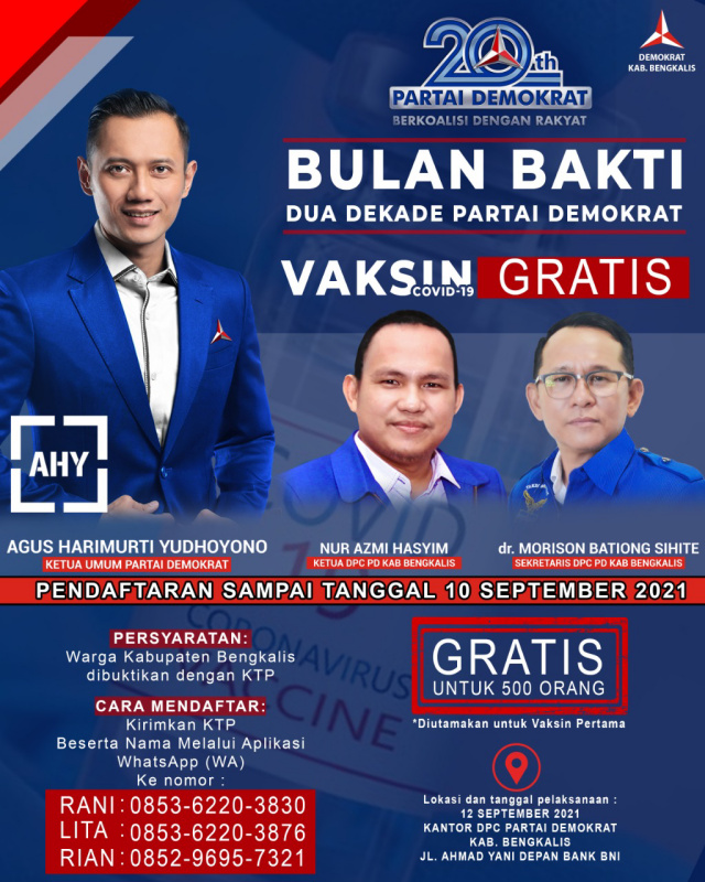 Partai Demokrat Bengkalis Vaksinasi Covid-19 Sasar 1.000 Warga Partai Demokrat Bengkalis Vaksinasi Covid-19 Sasar 1.000 Wargai