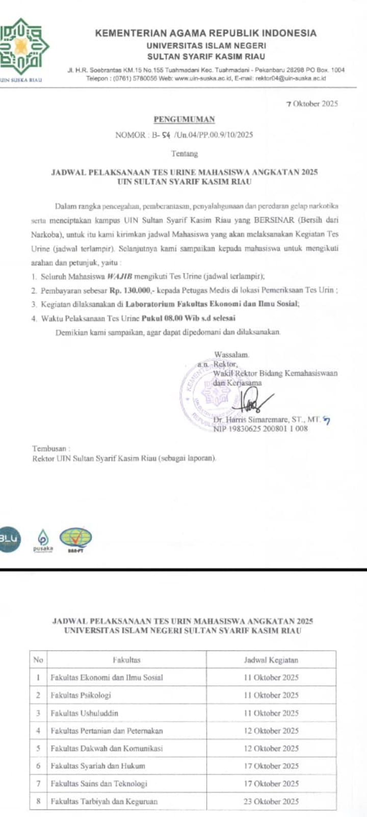 Kebijakan Tes Urine Berbiaya di UIN Suska Riau Disorot, Diduga Berpotensi Pungli