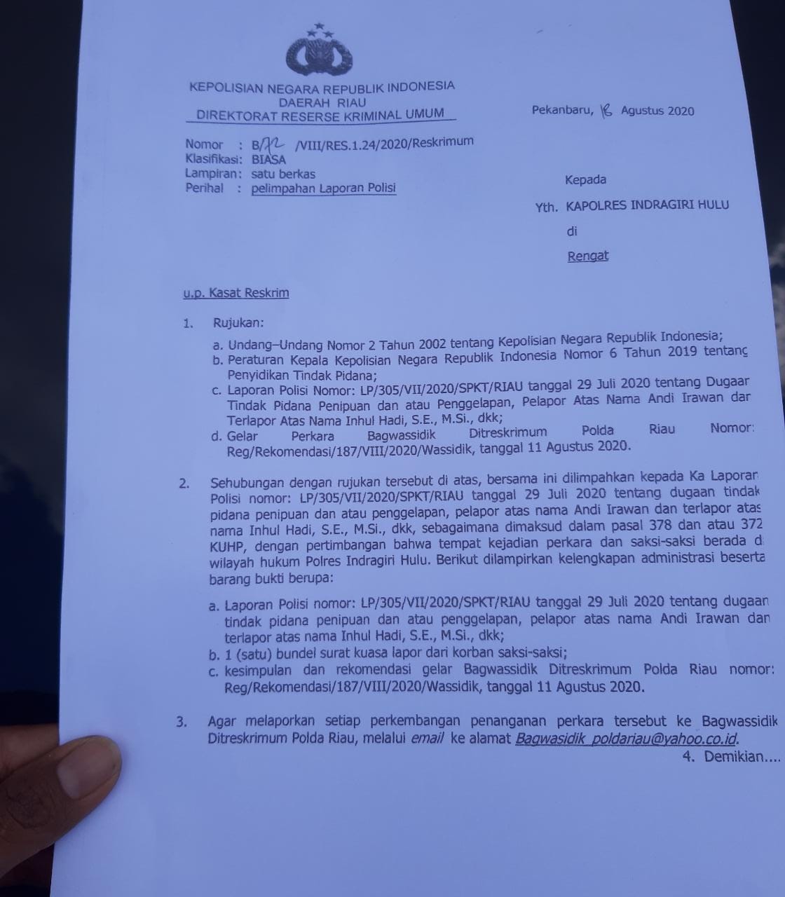 Laporan Kasusnya Dilimpahkan ke Polres Inhu, ini Catatan Buruk Inhul Hadi dan PT. Indasiai