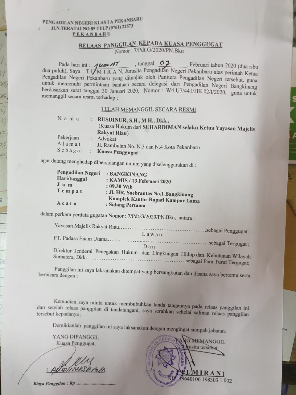 Sidang Perdana Gugatan Majelis Rakyat Riau vs PT Padasa Enam Utama Sidang Perdana Gugatan Majelis Rakyat Riau vs PT Padasa Enam Utamai